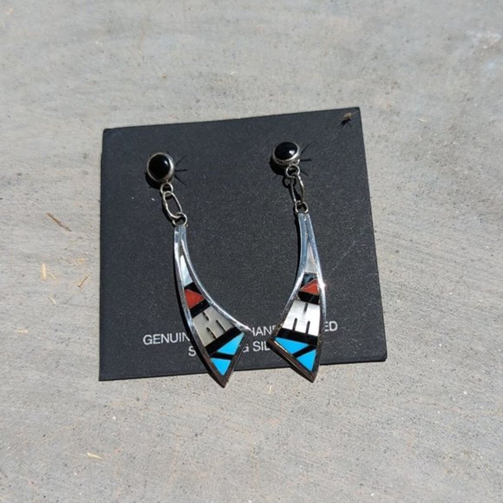 Handmade Native American Zuni Women's Inlay Dangle Earrings - Picture 4 of 8